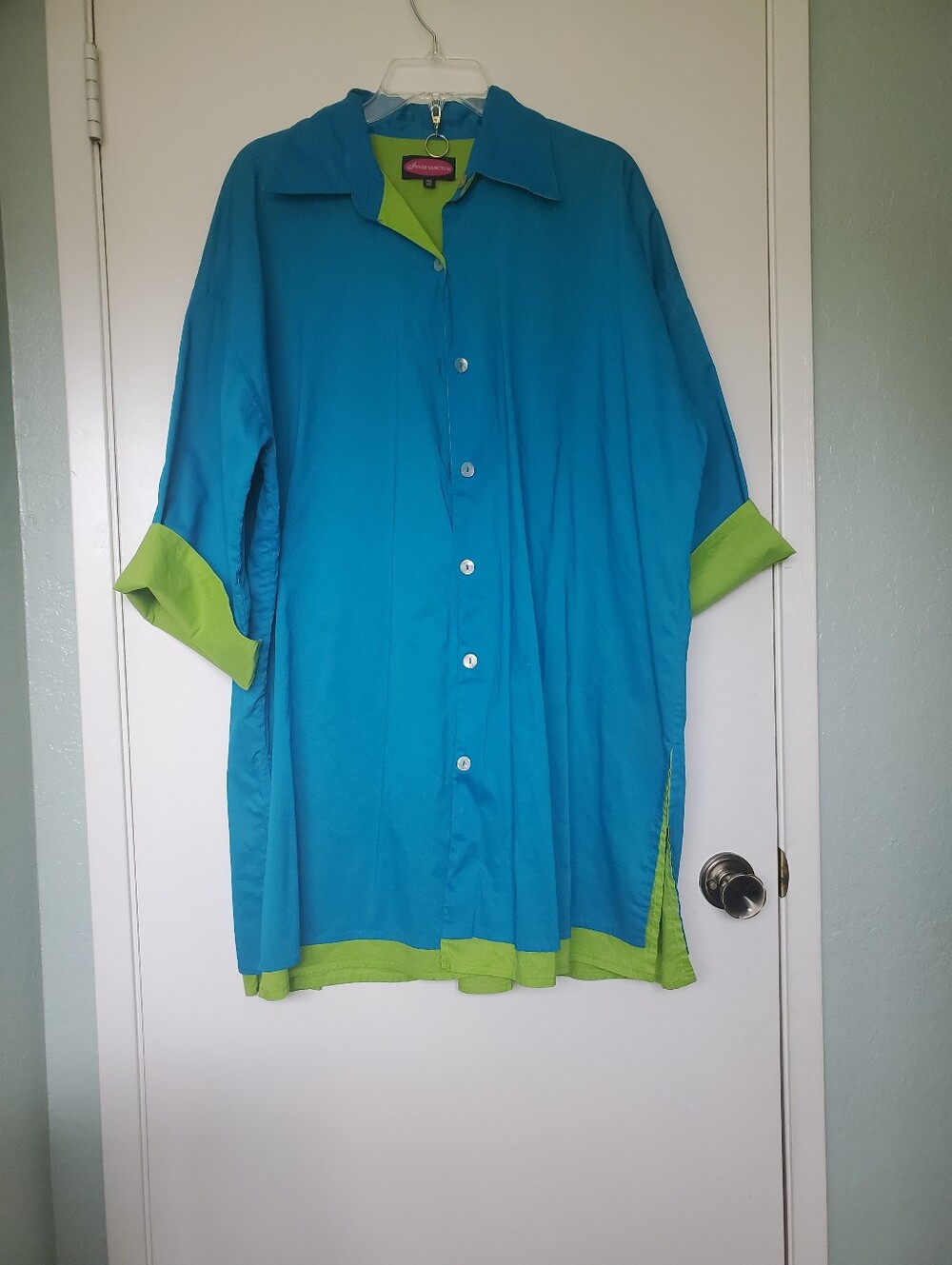 Vtg Inner Sanctum Free Size L Tunic Turqouise/Lime Green Two-in-one 3/4 Sleeve